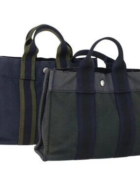 HERMES Fourre Tout Hand Bag Canvas 2 Set Gray Navy